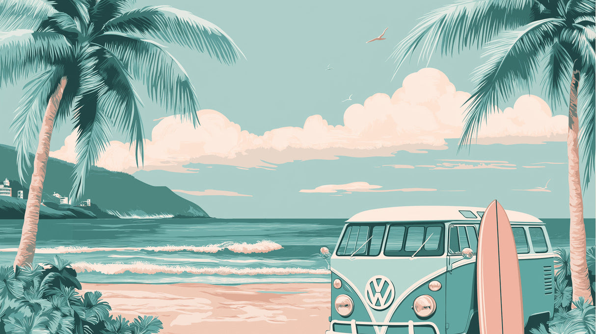 Tropical beach wallpaper design file featuring retro surf van, palm trees and turquoise waves