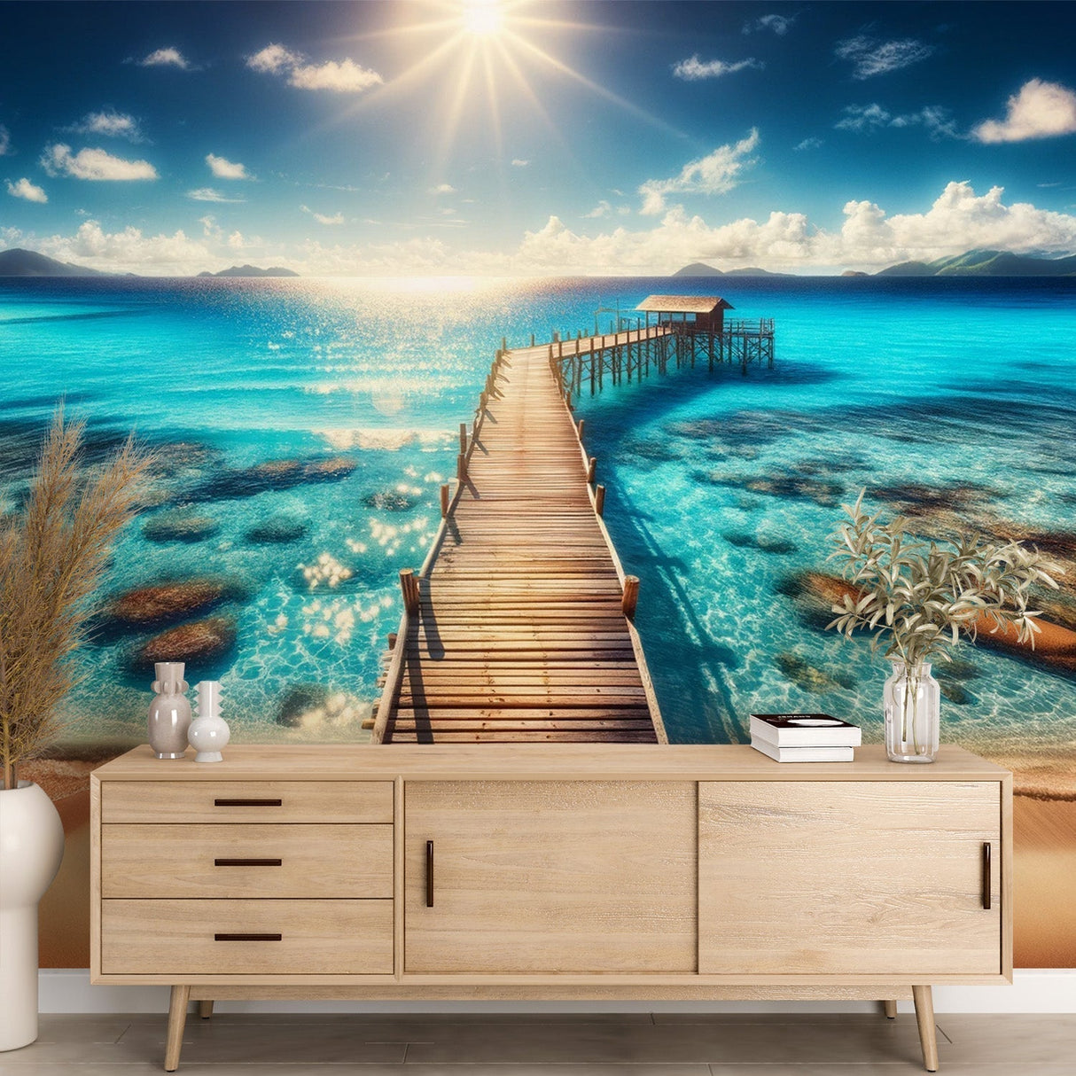 Beach paradise mural wallpaper showcased in a bright coastal living room with natural light streaming through windows