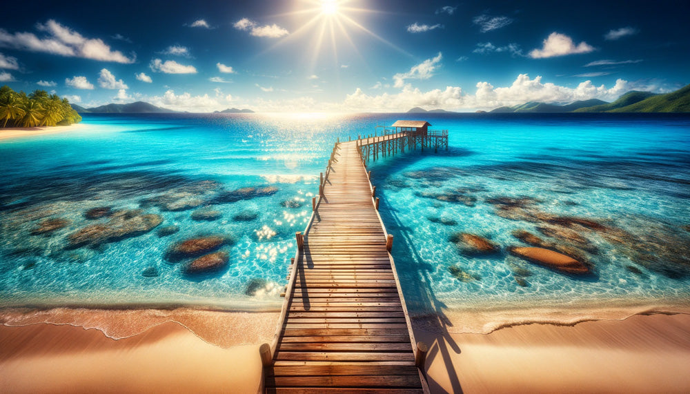 Tropical pier paradise design file showing detailed beach scene with wooden walkway and turquoise waters
