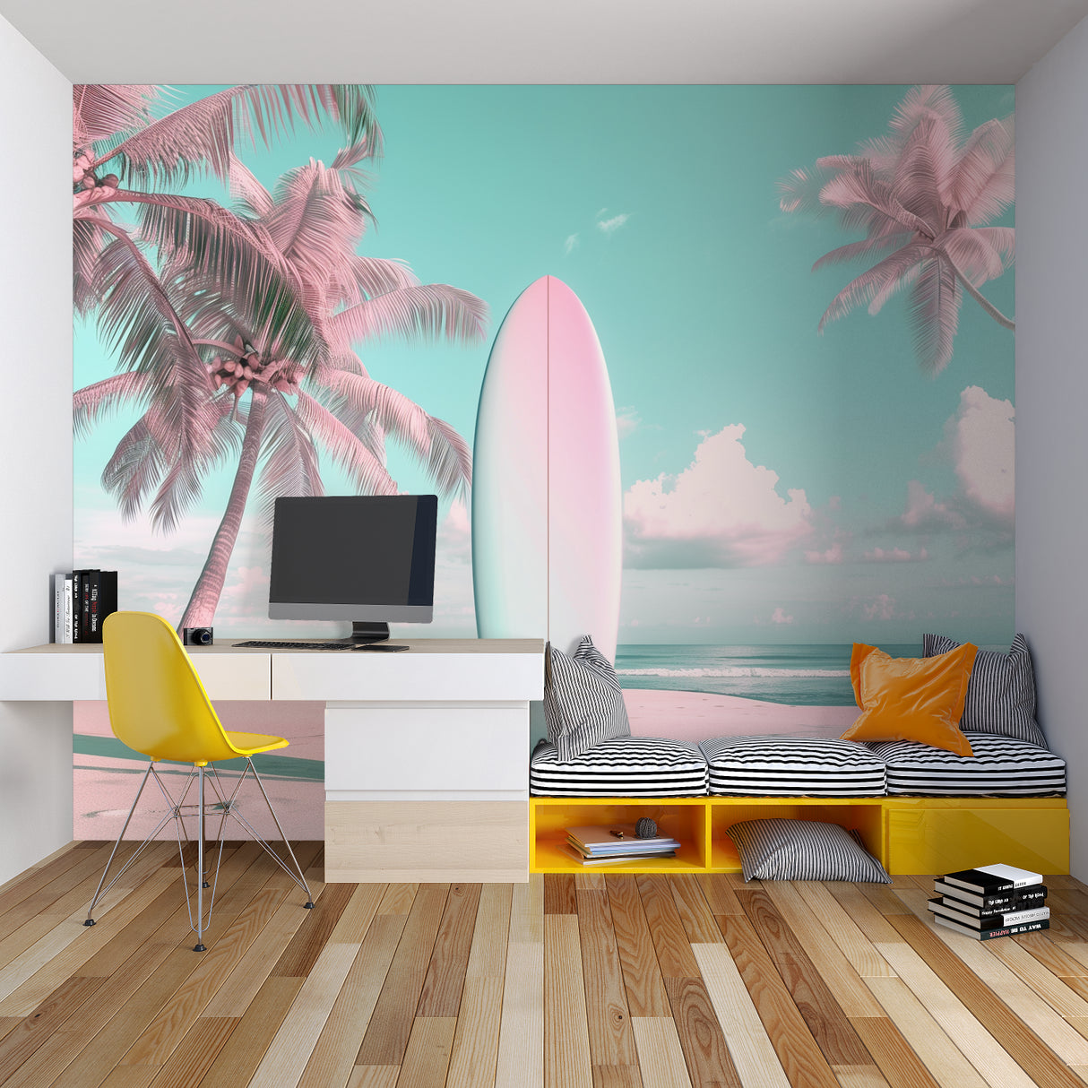Pink palm tree beach wallpaper creating a sunny mood in a modern bedroom with white furniture