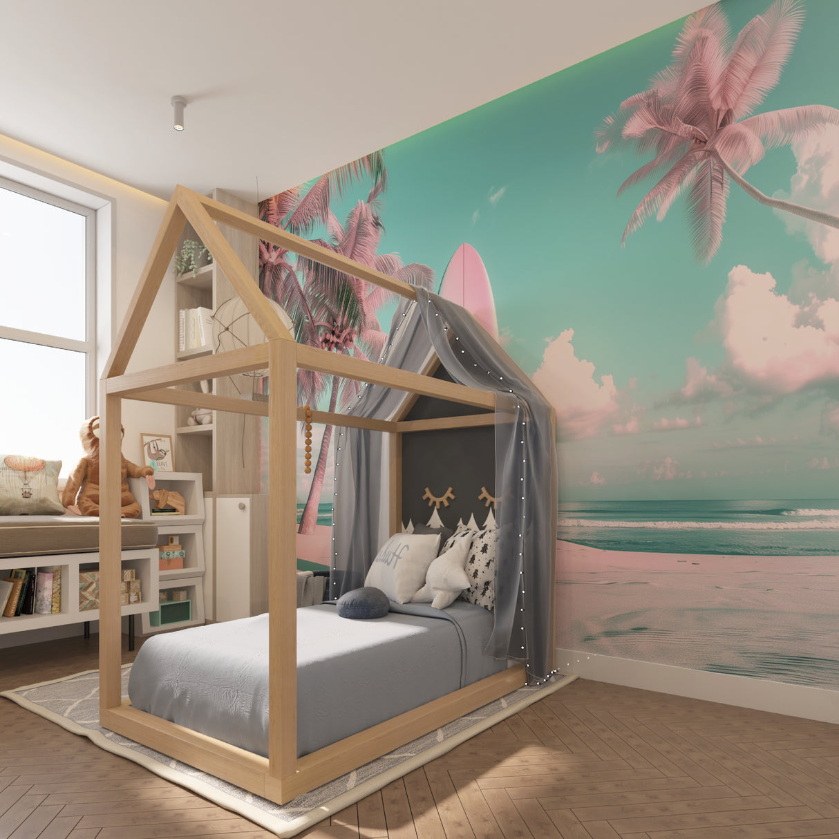 Tropical beach mural with surfboard brightening up a teen's study space