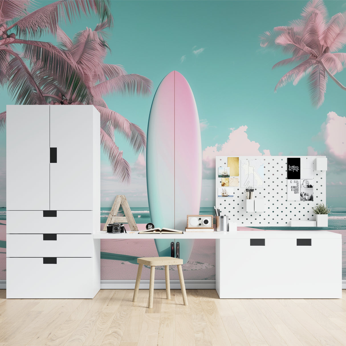 Beach scene wallpaper with pink palms making a living room feel like paradise