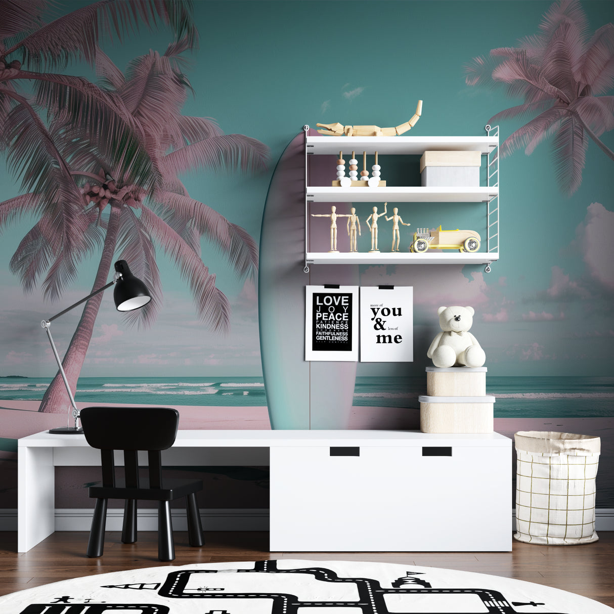 Pink palm tree wallpaper transforming a home office into a beach retreat