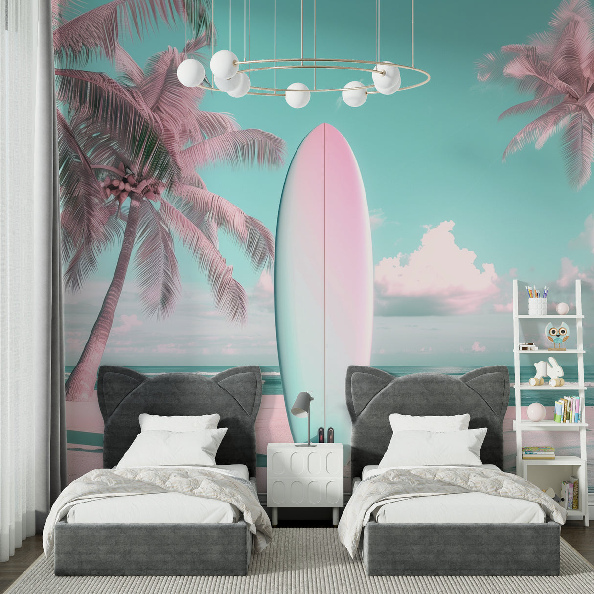 Surf themed wall mural adding summer vibes to a kids playroom