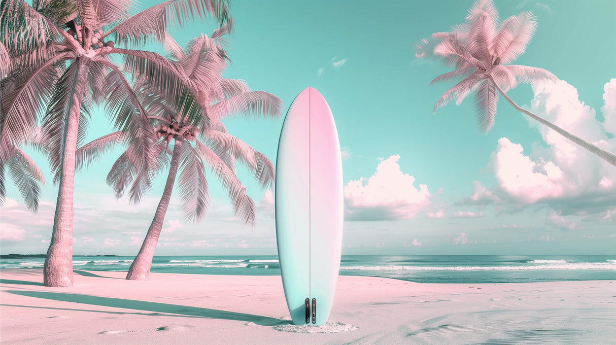 Design file of tropical beach wallpaper showing pink palm trees and surfboard pattern