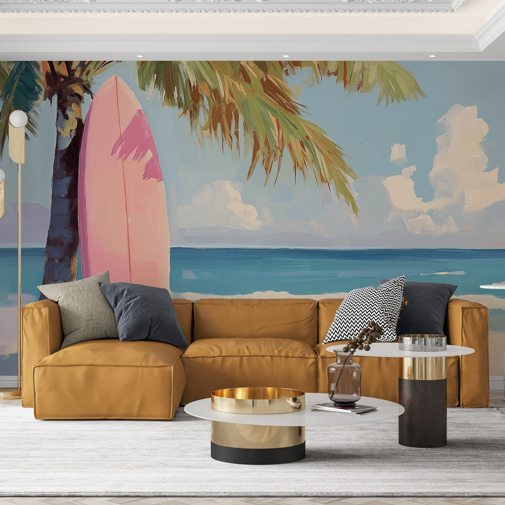 Beach scene wallpaper with pink surfboard displayed in bright modern living room, showing tropical paradise wall mural