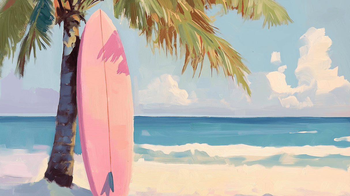 Beach mural wallpaper design file showing tropical surf scene with pink surfboard and palm trees