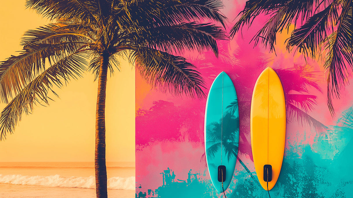 Beach sunset wallpaper with surfboards creating a relaxing atmosphere in a modern living room with coastal decor