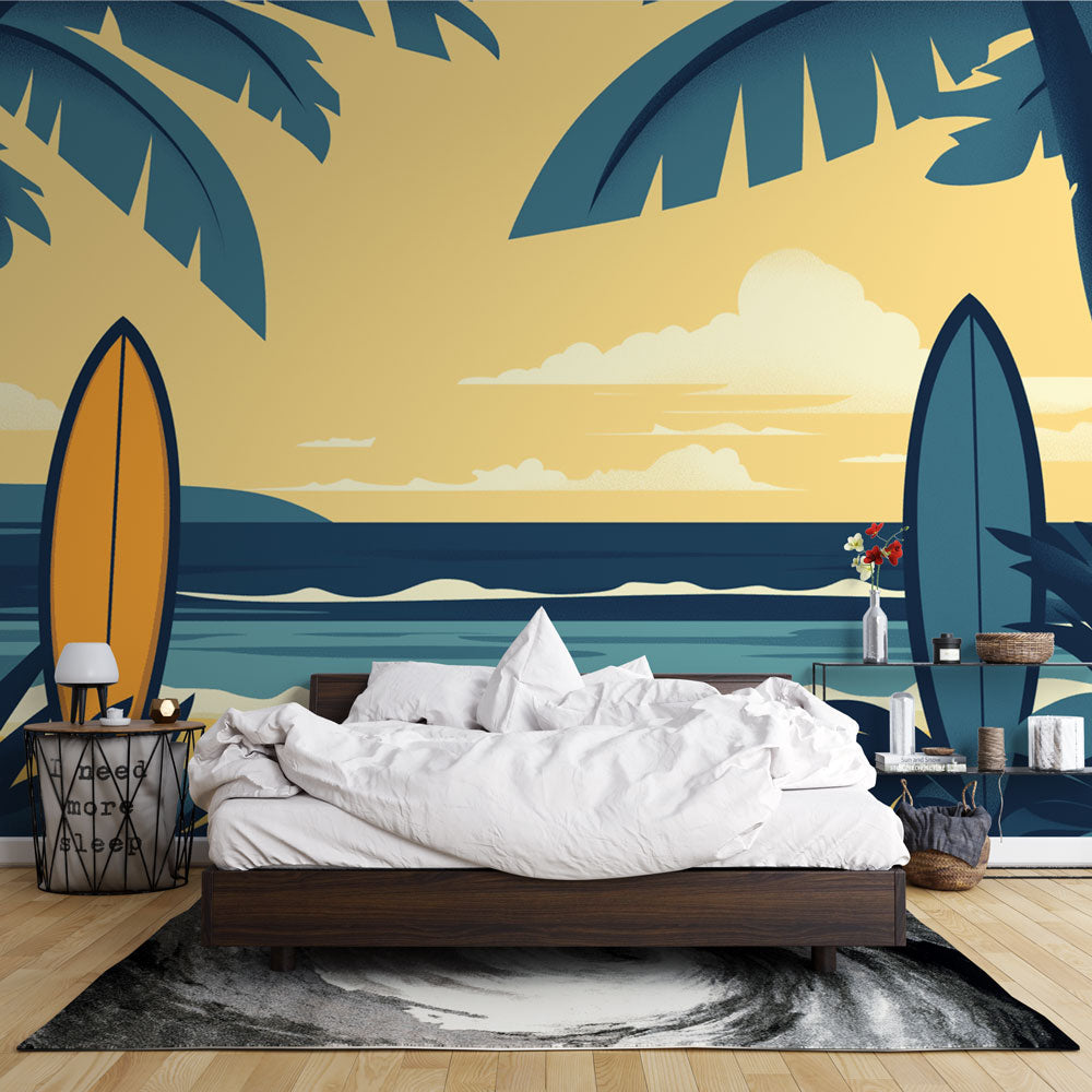 Beach paradise wallpaper mural styled in modern coastal living room with white furniture and natural light