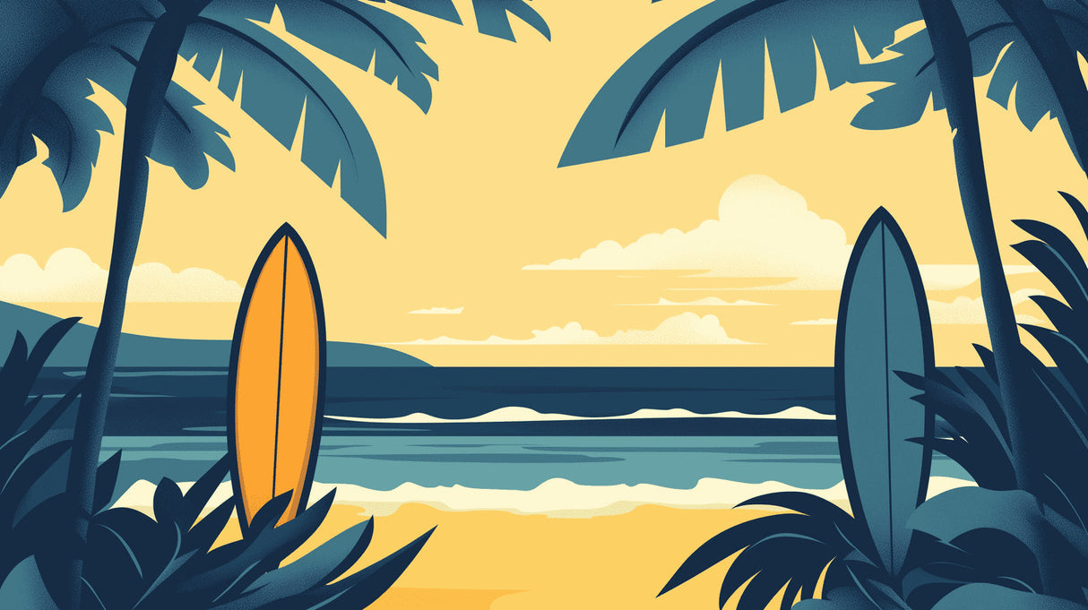 Tropical surf paradise design file showing detailed beach scene with surfboards and palm trees