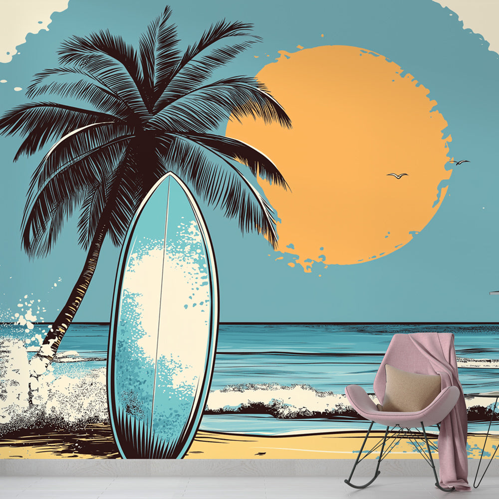 Beach scene wallpaper with palm tree and surfboard creating a relaxing atmosphere in a modern living room