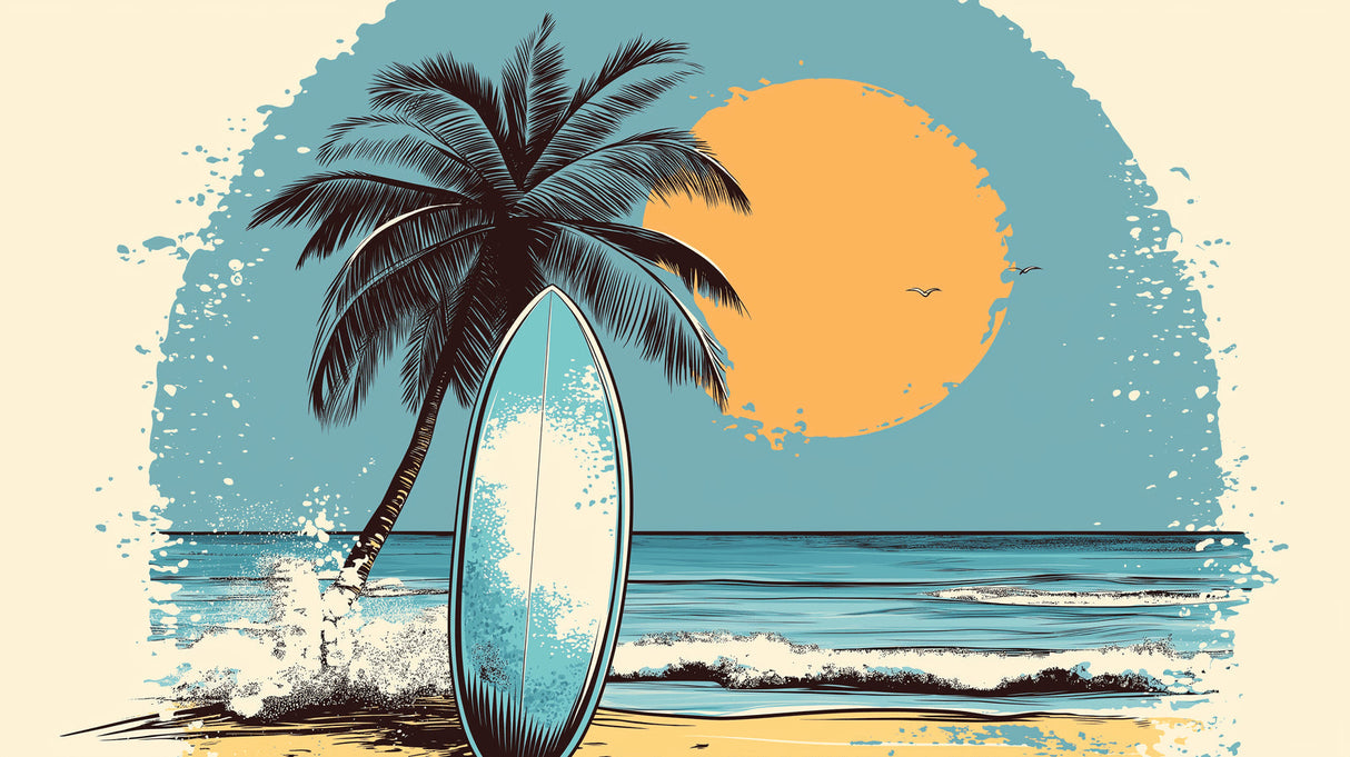 Tropical beach paradise design file showing detailed sunset colors and surf scene pattern