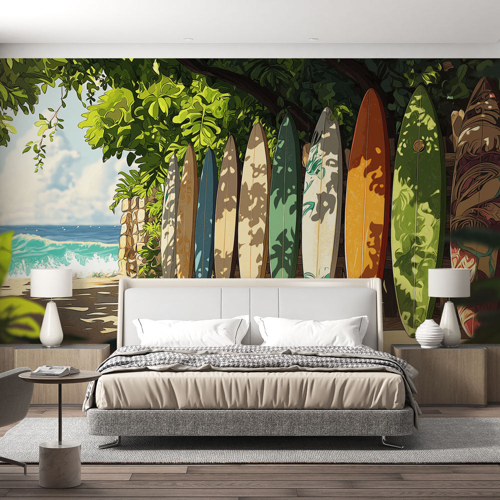 Beach surf wallpaper creating a sunny coastal atmosphere in a modern living room with white furniture