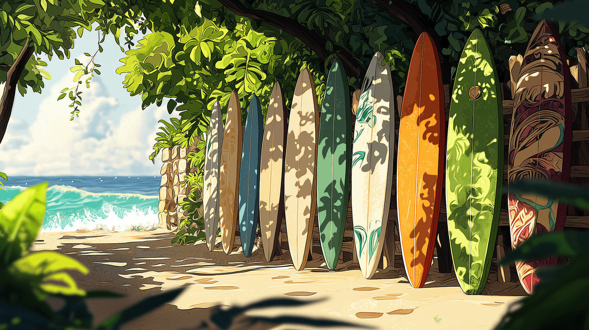 Tropical surfboard design file showing detailed ocean scene pattern and vibrant colors
