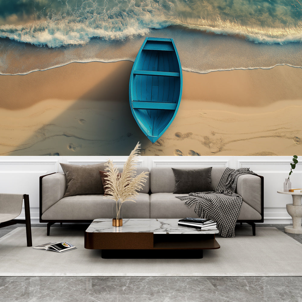 Beach scene wallpaper creates a stunning focal point in modern living room with natural light highlighting turquoise boat details