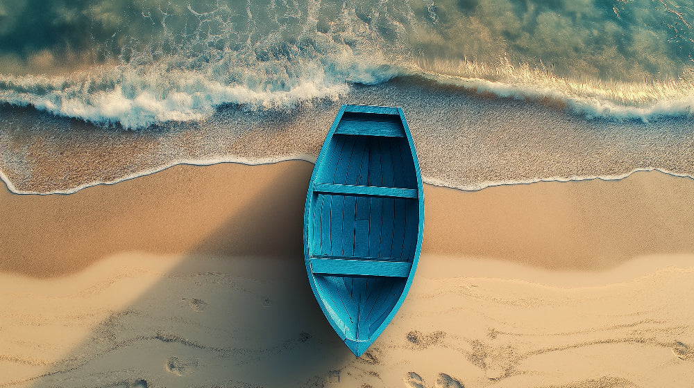 Beach mural wallpaper design file showing detailed aerial view of turquoise boat on golden sand