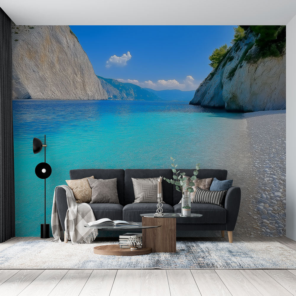 Beach paradise wallpaper creating a stunning focal point in modern living room with white furniture and natural light