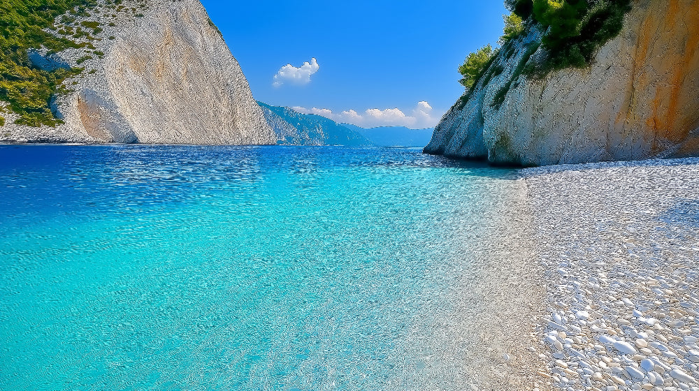Mediterranean beach wallpaper design file showing turquoise waters and white sand cove