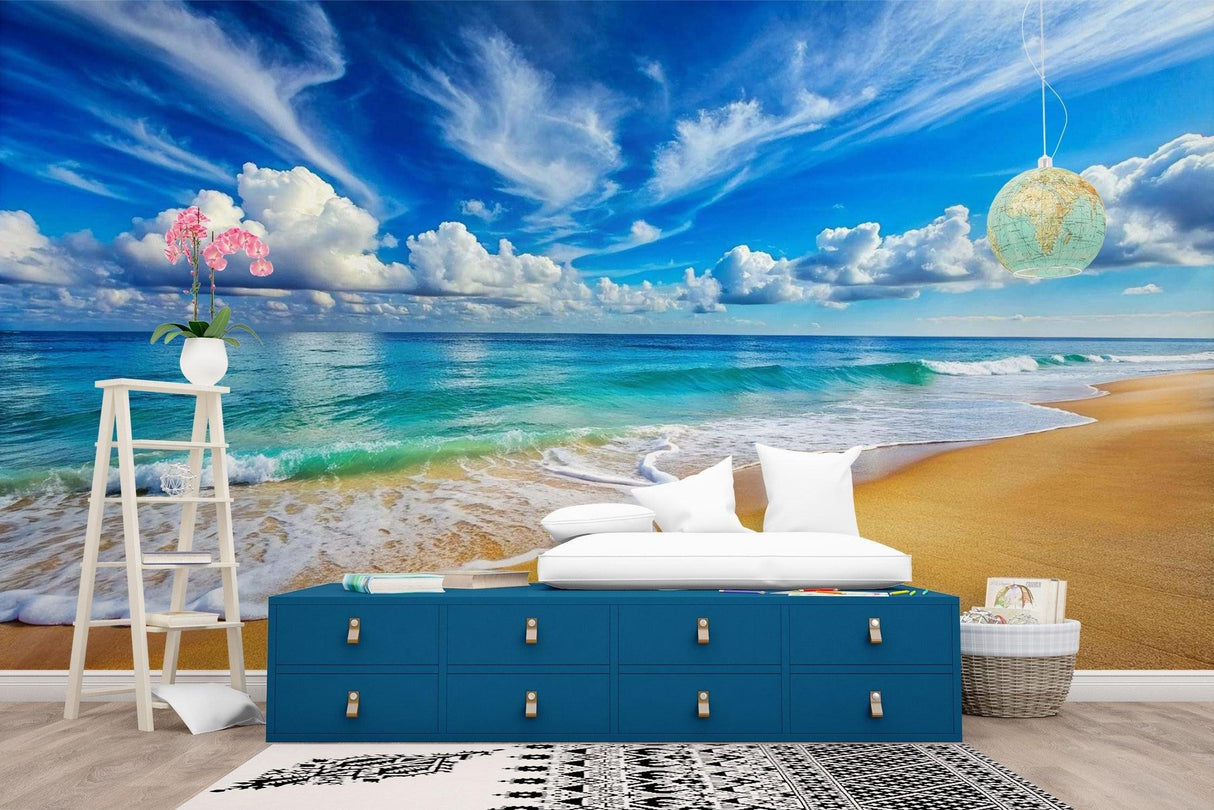 Coastal paradise wallpaper creating depth in master bedroom with minimal decor
