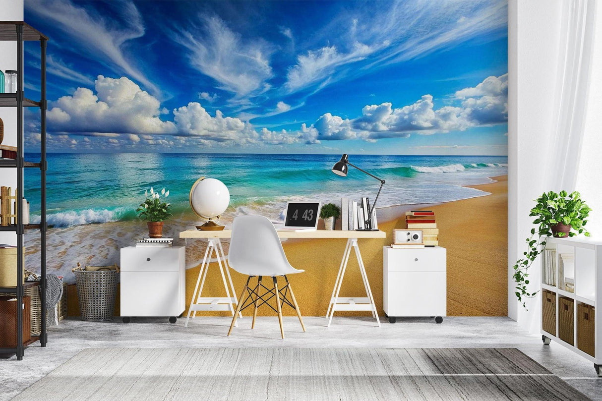 Ocean wall mural transforming home office with beach vibes