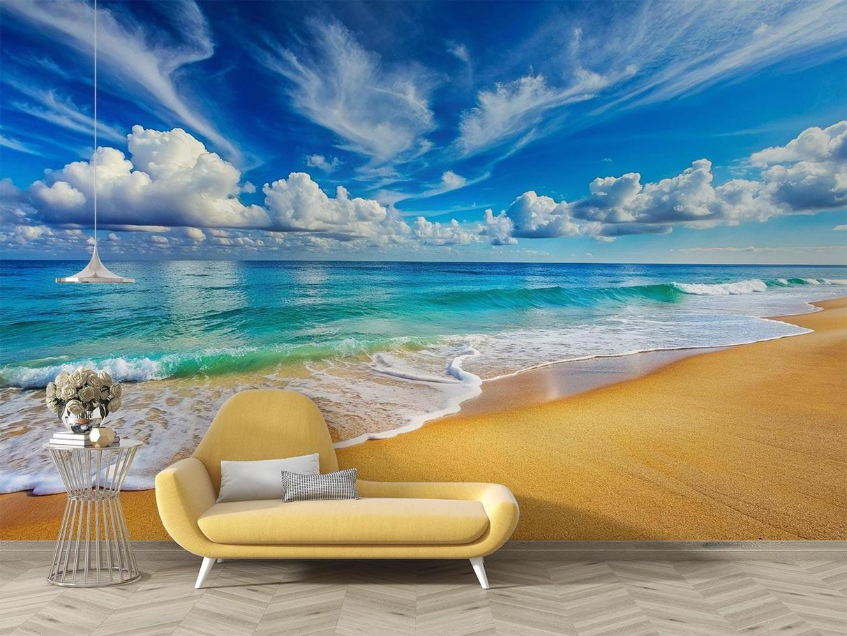 Beach scene wallpaper in dining room with natural wooden furniture