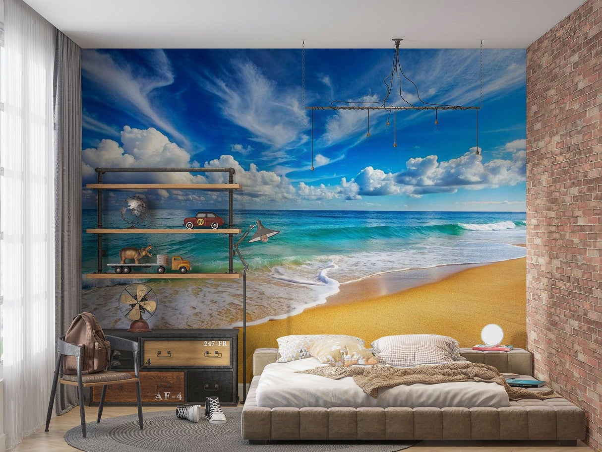 Turquoise ocean wallpaper making small room look bigger