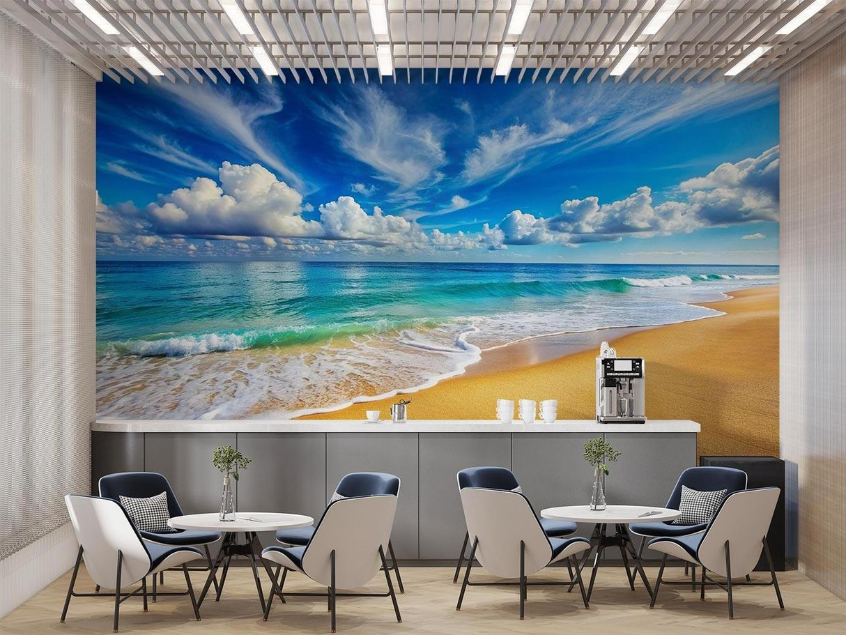 Beach mural wallpaper in meditation room creating calm atmosphere