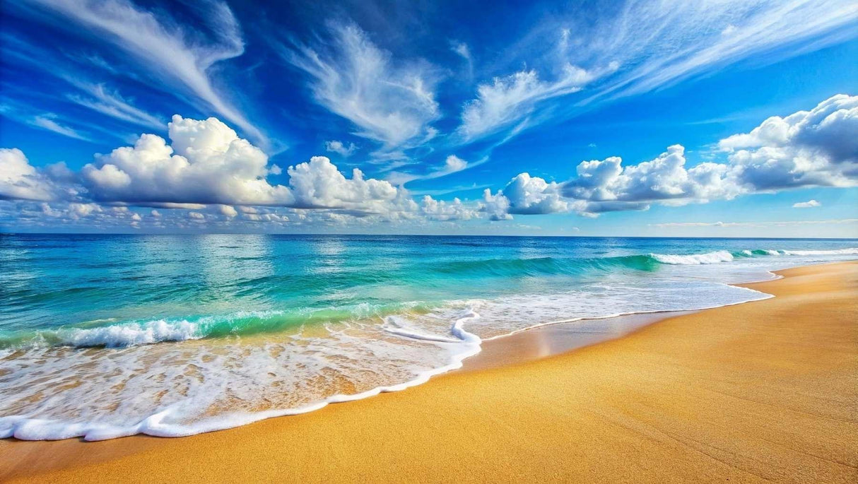 Turquoise ocean and golden sand beach wallpaper design file showing detailed waves and pristine shore