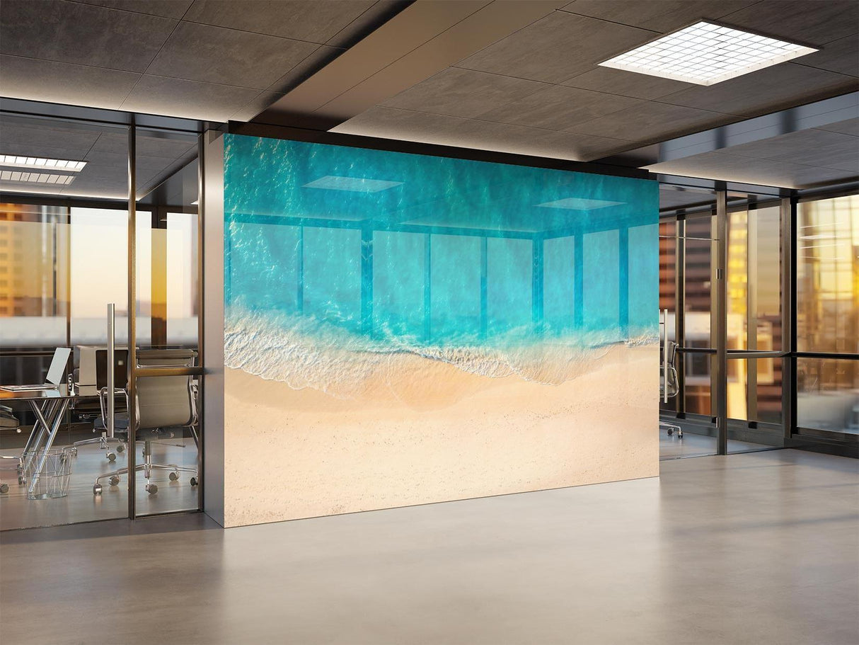 Beach paradise wallpaper creates a stunning focal point in modern living room with natural light