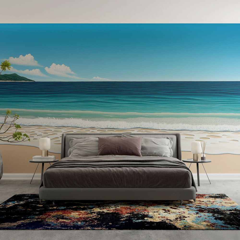Beach mural wallpaper creating a stunning focal point in a modern living room with white furniture and natural light