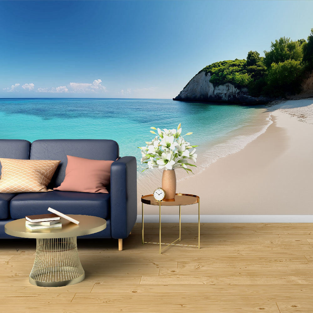 Beach Paradise Cove Wallpaper creating a stunning backdrop in a modern living room with natural light