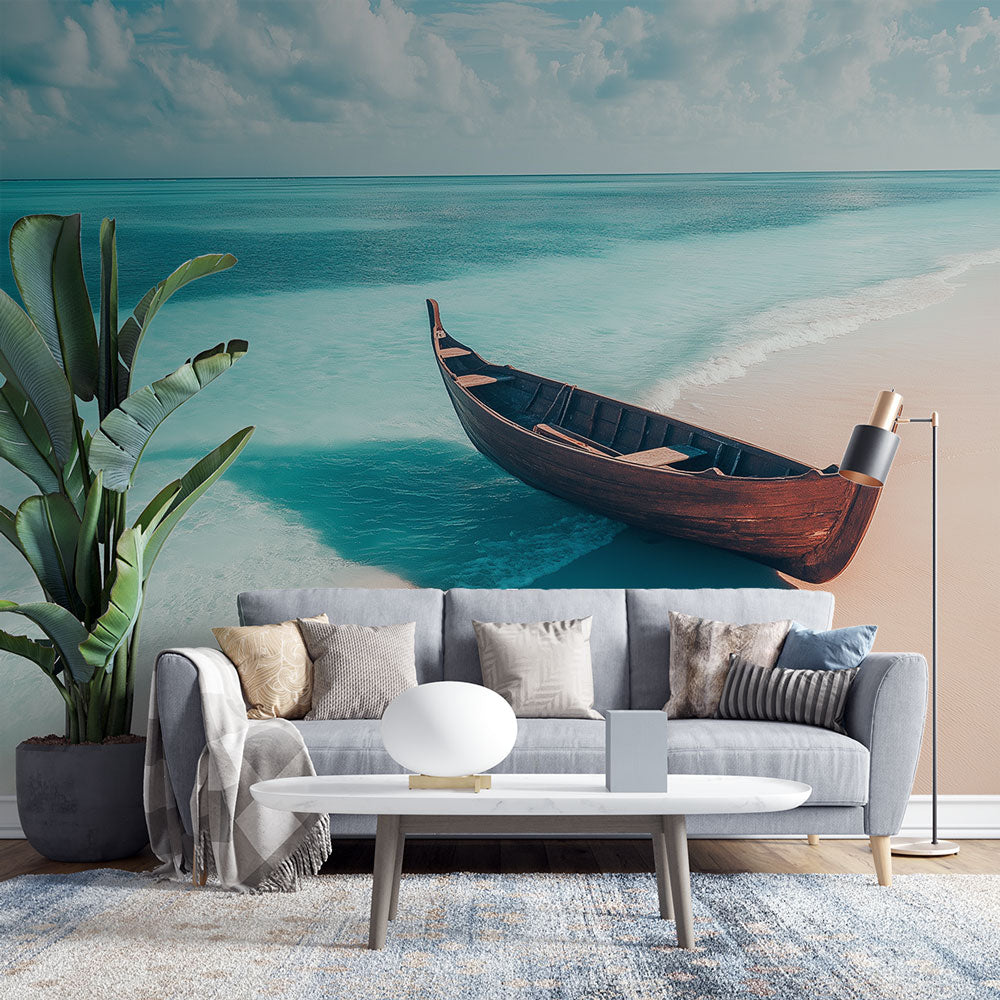 Beach paradise wallpaper mural in bright living room, showing turquoise waters and wooden boat creating calming coastal atmosphere