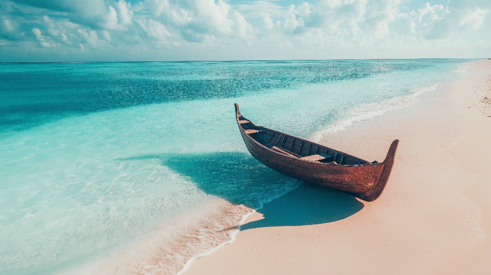 Beach scene wallpaper design file showing full pattern with turquoise ocean and wooden boat