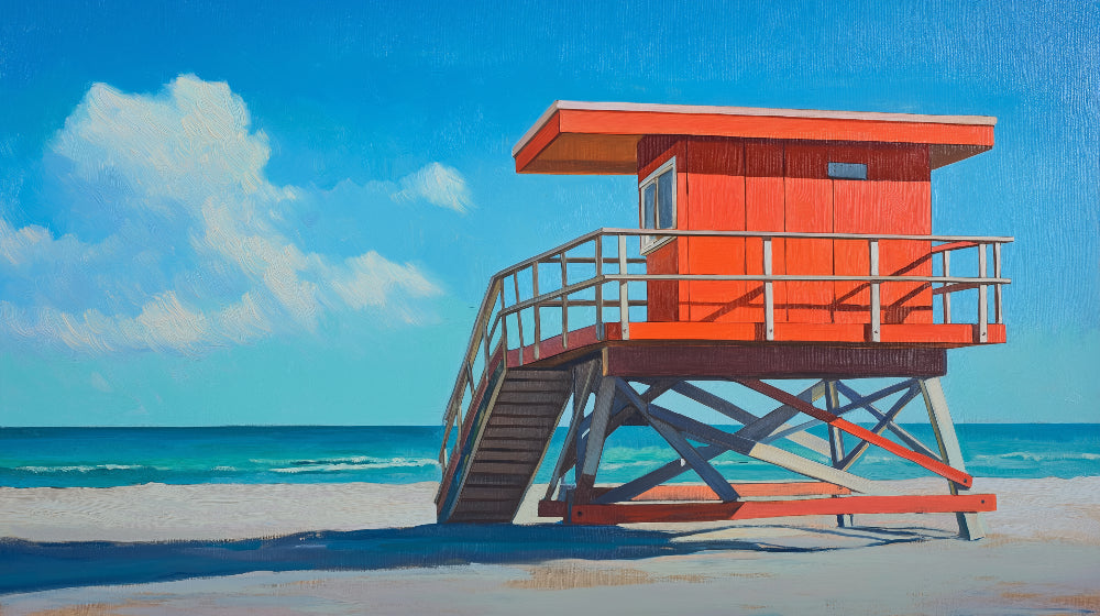 Beach scene wallpaper design file showing orange lifeguard tower against turquoise ocean