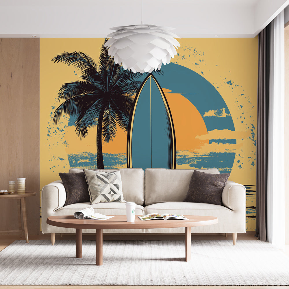 Beach mural wallpaper with vintage surf theme shown in modern living room, creating a coastal paradise atmosphere