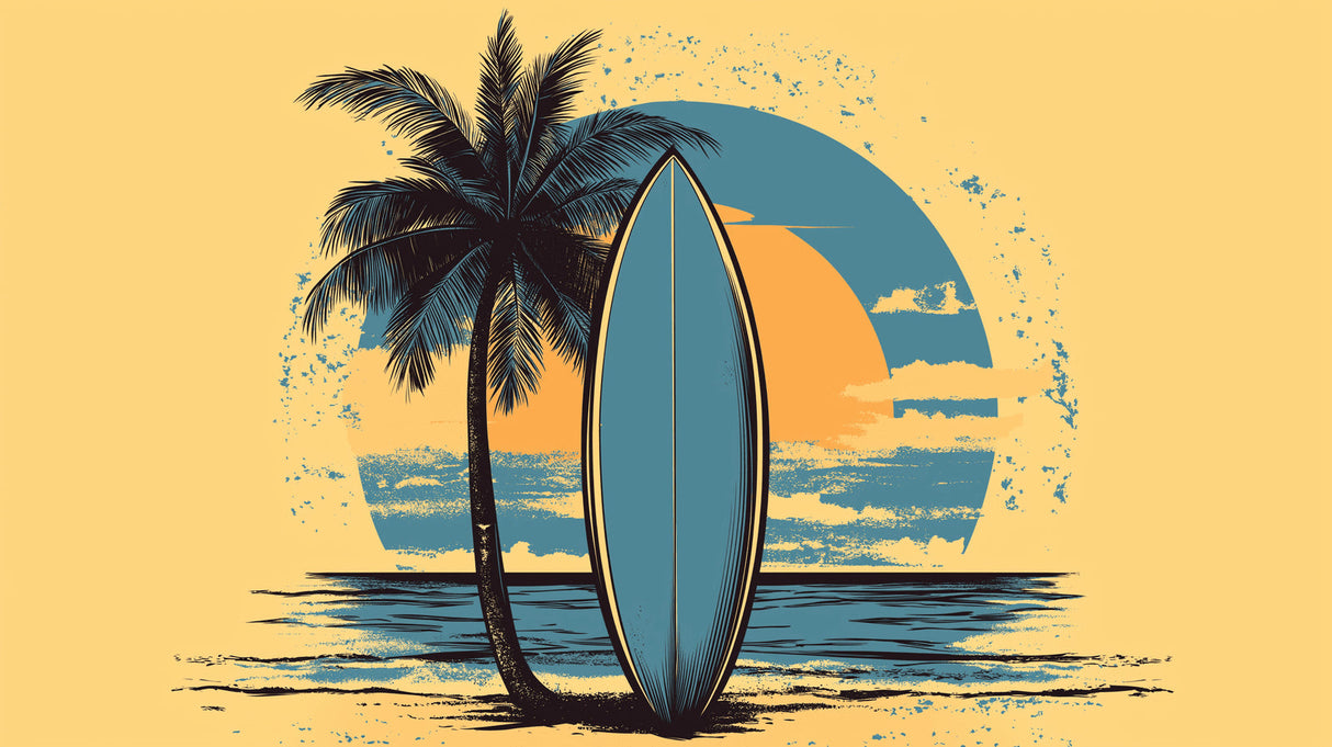 Beach wallpaper design file showing retro surf scene with palm tree silhouette against warm sunset sky