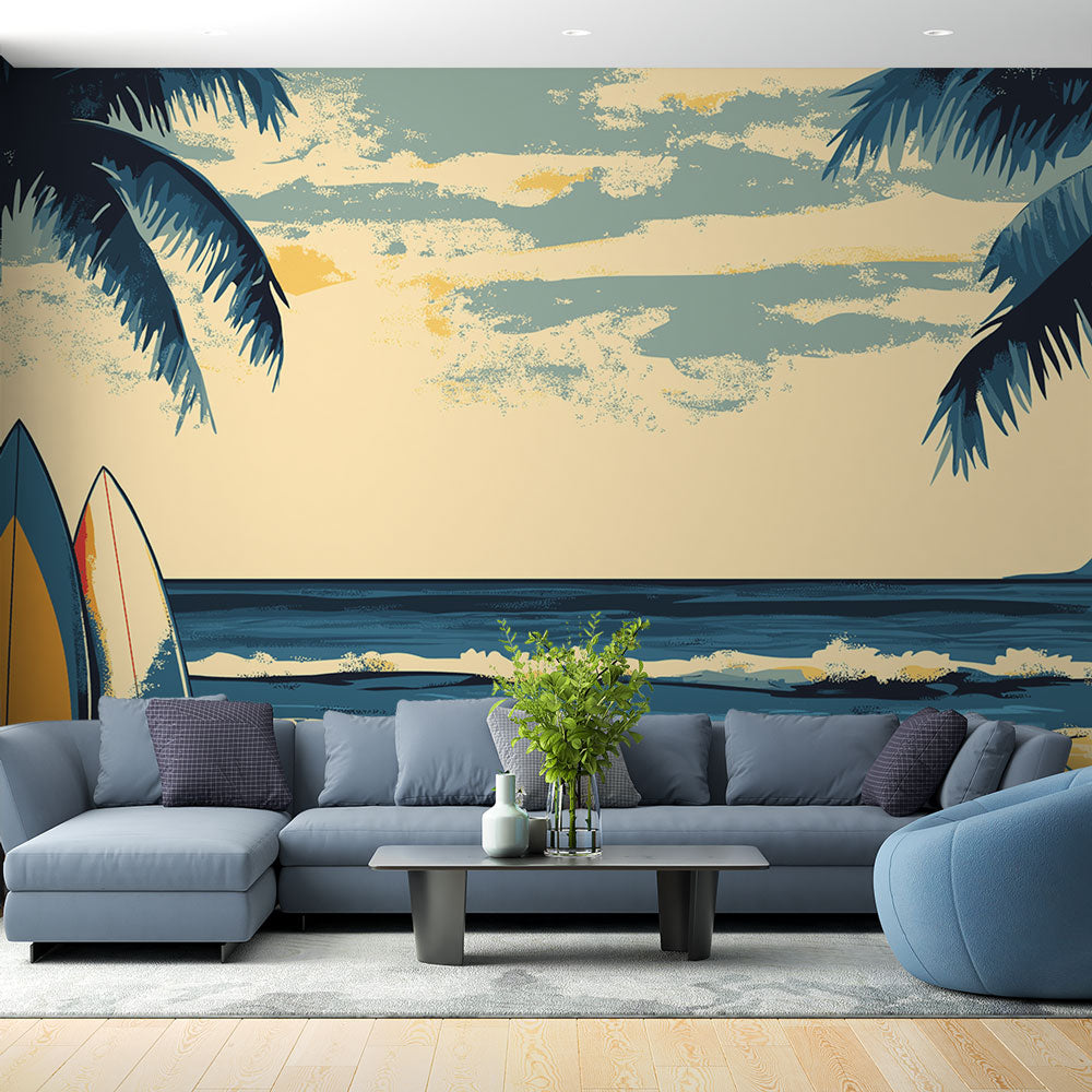 Beach paradise wallpaper mural showcased in a bright modern living room, creating a relaxing coastal atmosphere