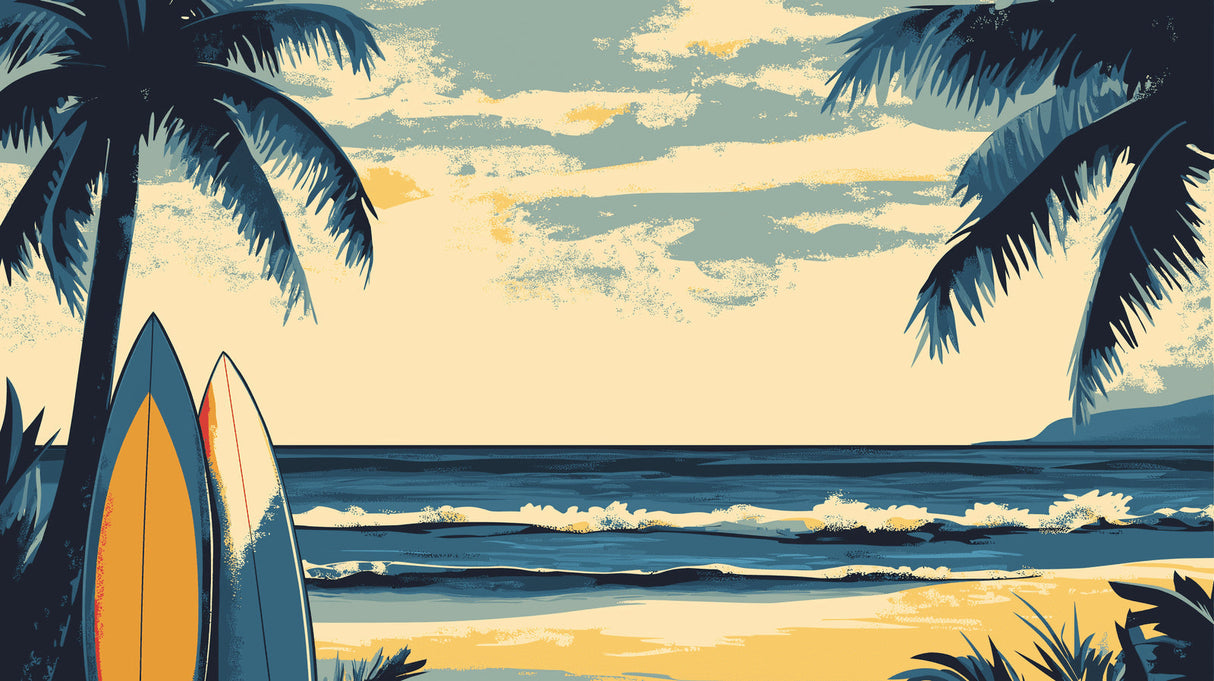 Vintage surf paradise beach scene wallpaper design file showing full pattern with palm trees and ocean waves