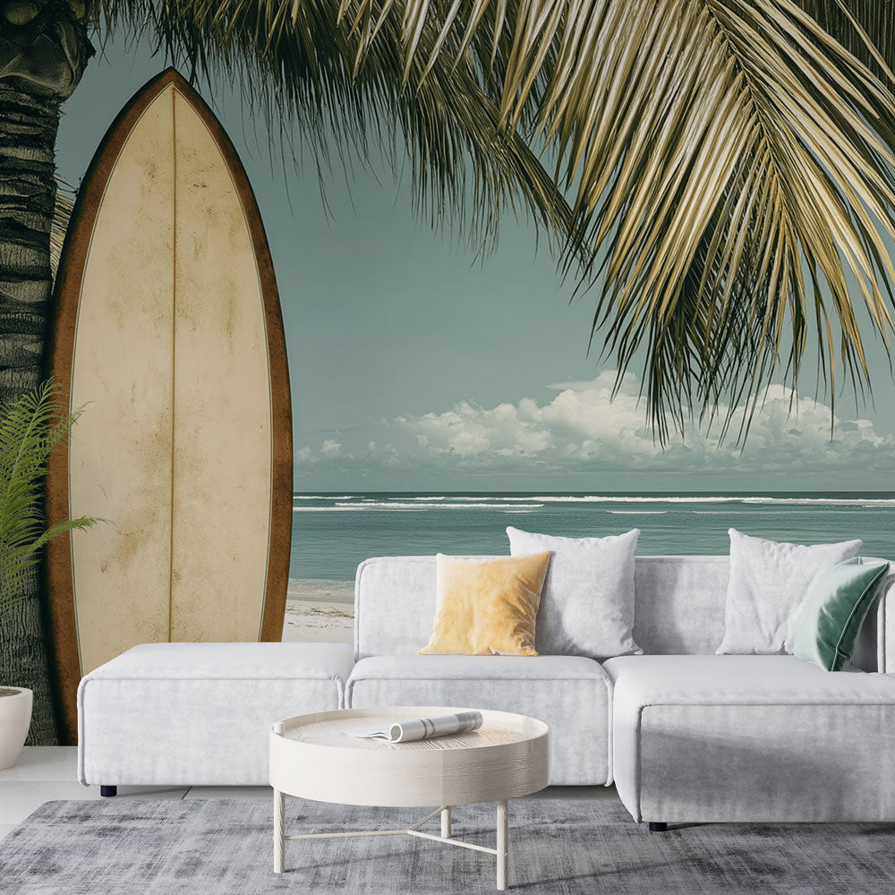 Beach paradise wallpaper transforms this modern living room with vintage surf vibes and coastal charm