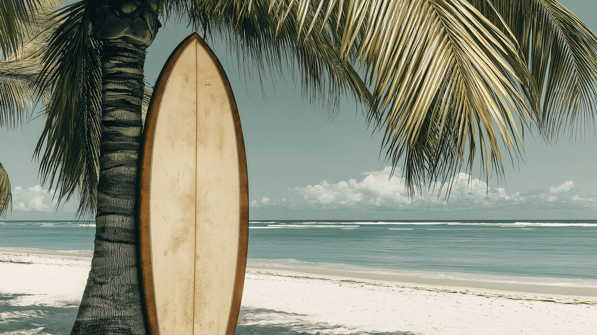 Beach wallpaper design file showing detailed tropical scene with vintage surfboard and palm trees