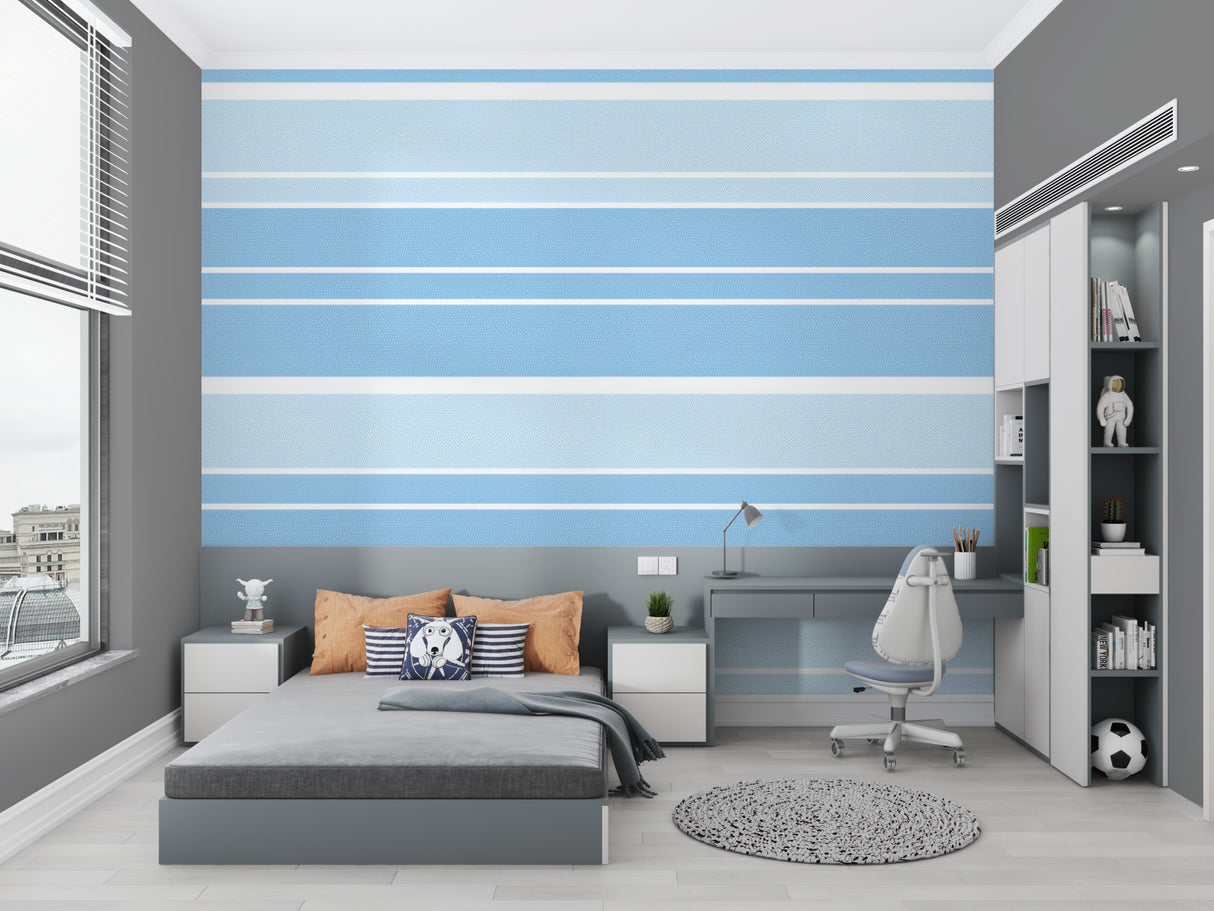 Beach sunset wallpaper creating a cozy atmosphere in a modern living room with surfboard design
