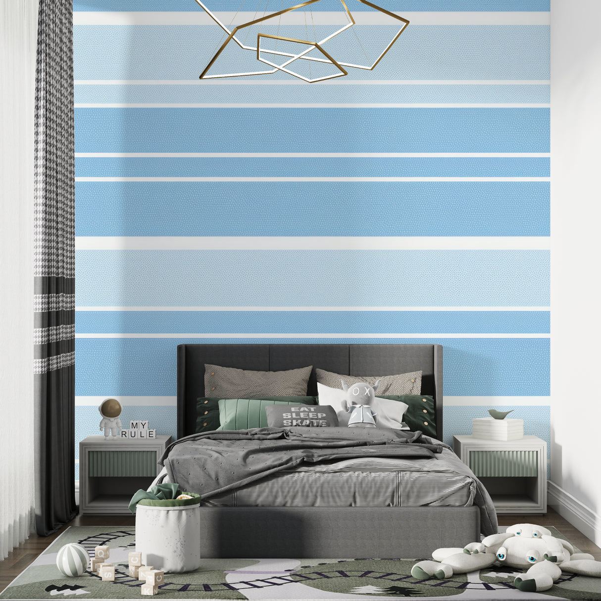 Tropical beach mural transforming a teen bedroom with vintage surfboard theme