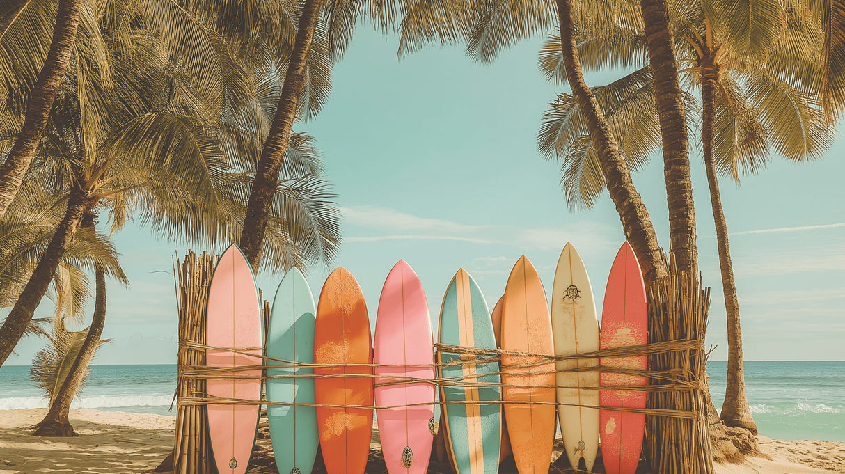 Beach wallpaper design file showing full pattern of retro surfboards and tropical palm trees