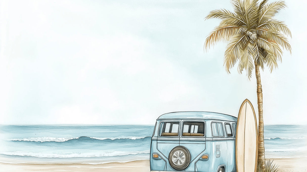 Beach scene wallpaper with vintage van and palm tree styled in bright modern living room with coastal decor