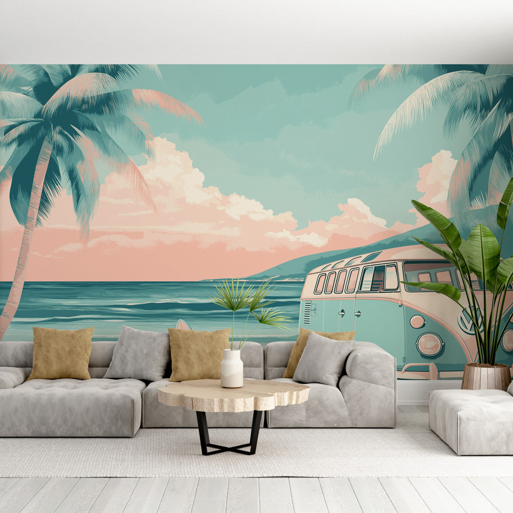 Beach wallpaper with vintage van shown in bright modern living room, creating a relaxed coastal atmosphere