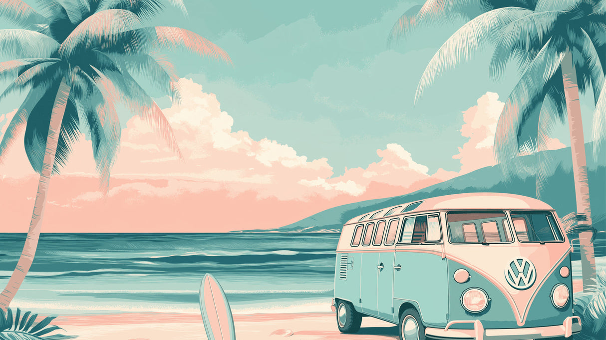 Beach mural design file showing retro van and palm trees against pastel sunset sky