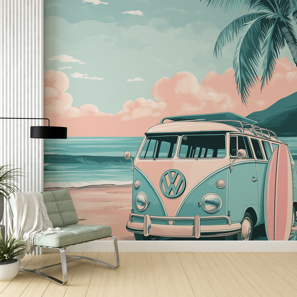 Beach Paradise Wallpaper with vintage VW van showcased in a bright modern living room with coastal decor