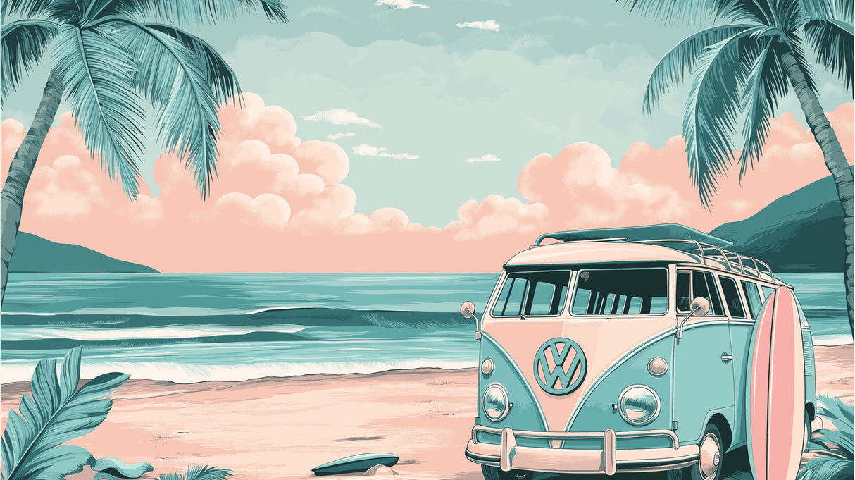 Tropical beach wallpaper design file showing retro VW van and surfboard against turquoise waters