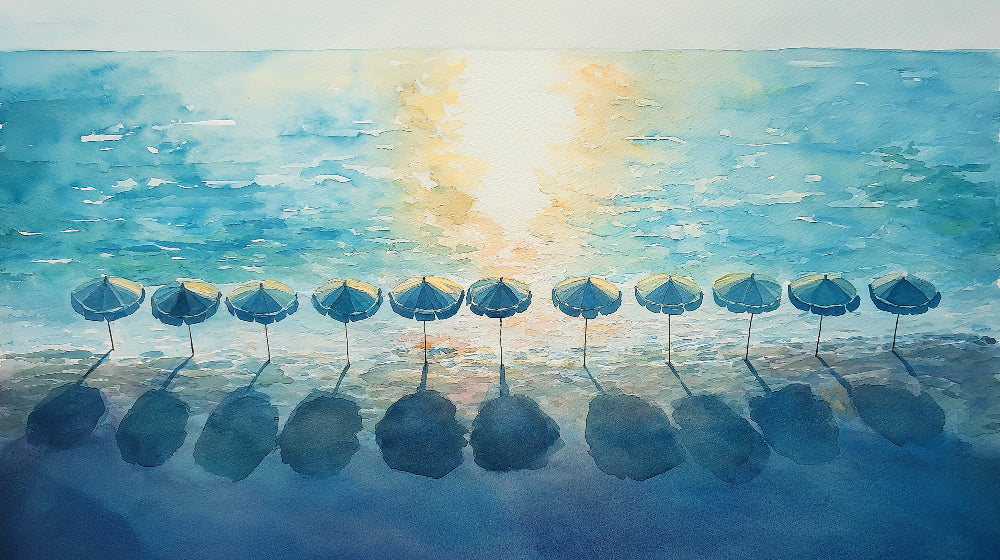 Watercolor beach umbrella design file showing detailed seaside pattern with soft maritime colors