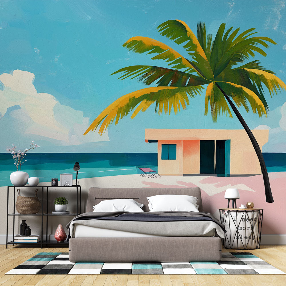 Beach Paradise Mural Wallpaper creating a stunning focal point in a modern living room with natural light
